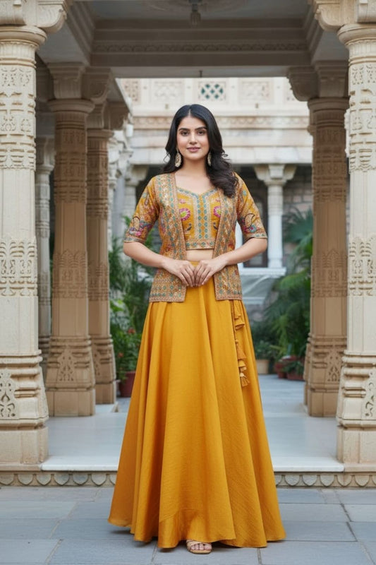 Mustard Yellow Art Silk Skirt Set With Embroidered Jacket
