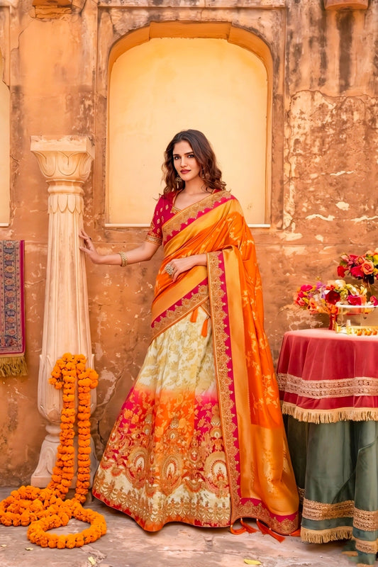 Daisy White & Orange Banarasi Silk Lehenga Choli with Khatli Work Embroidery