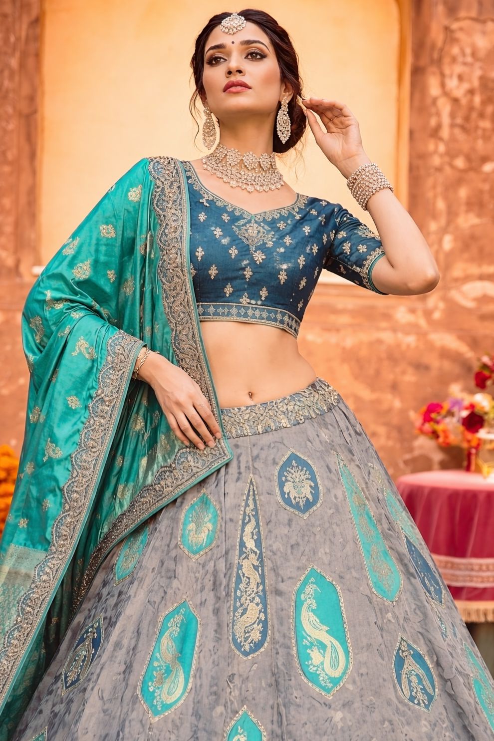 Royal Grey & Teal Silk Wedding Lehenga Choli with Zari & Stone Work