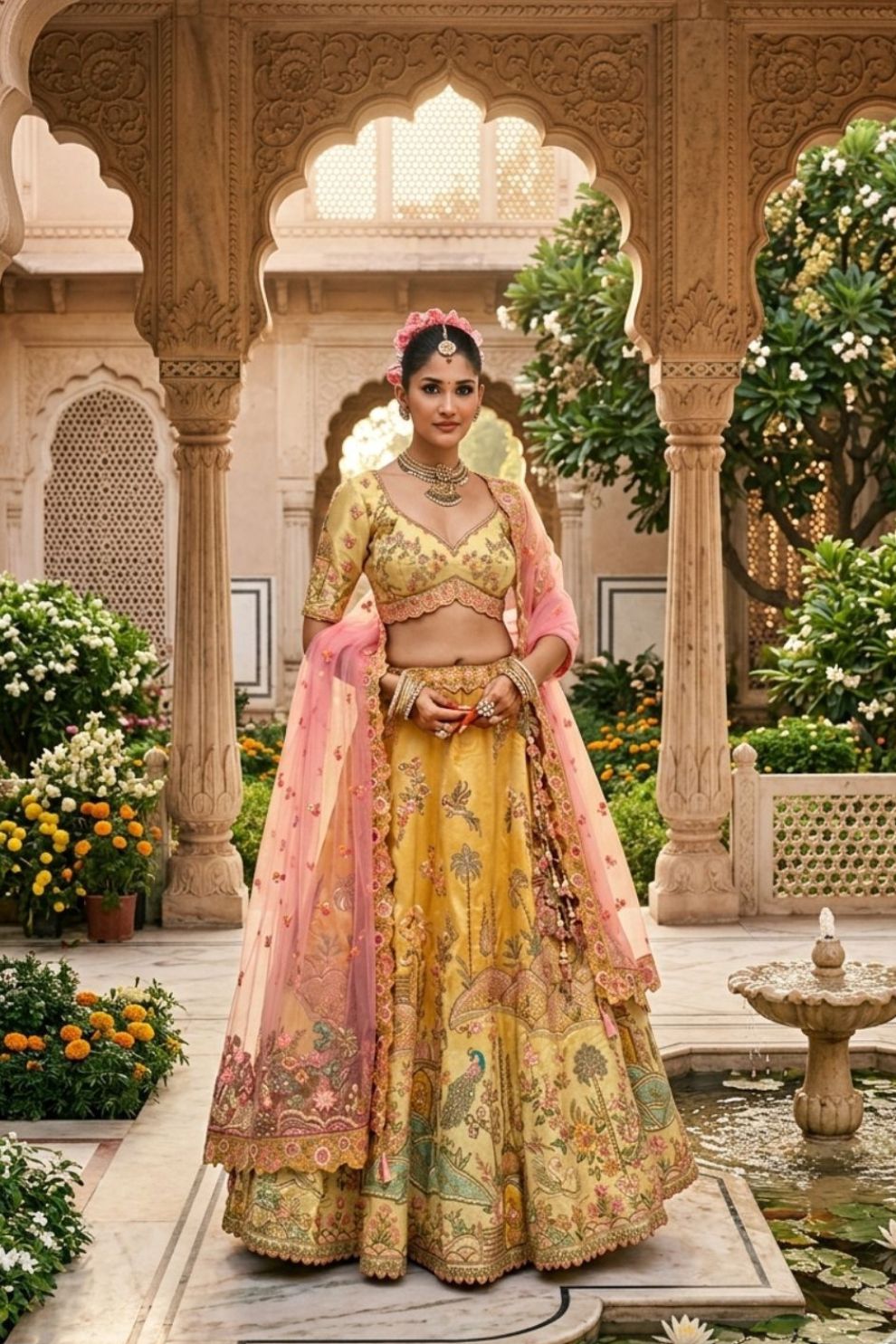 Mustard Yellow and Soft Pink Embroidered Silk Bridal Lehenga Choli