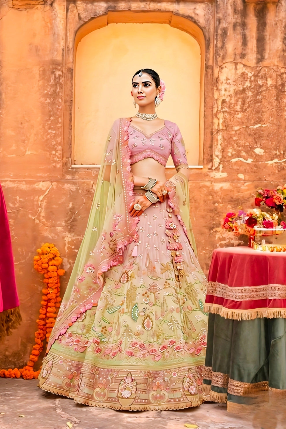 Light Pink and Pista Green Embroidered Silk Bridal Lehenga Choli