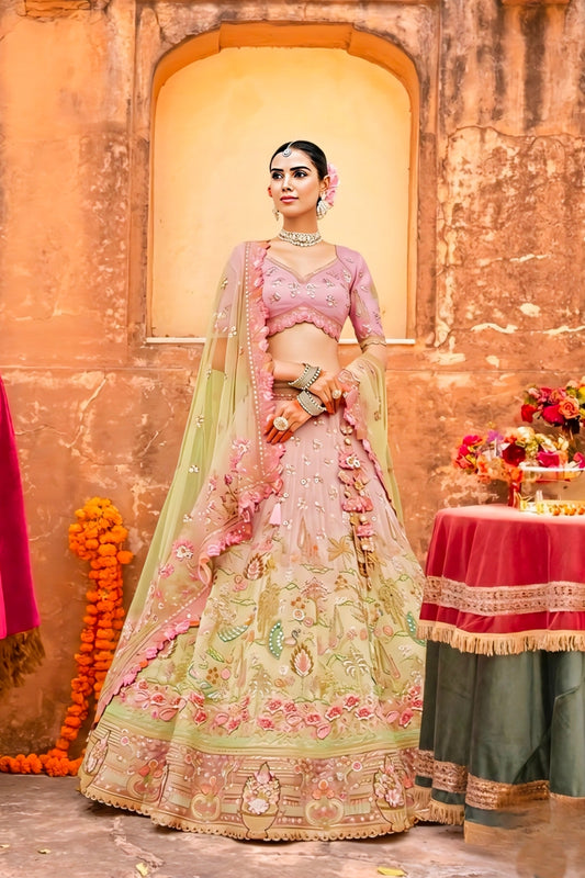 Light Pink and Pista Green Embroidered Silk Bridal Lehenga Choli