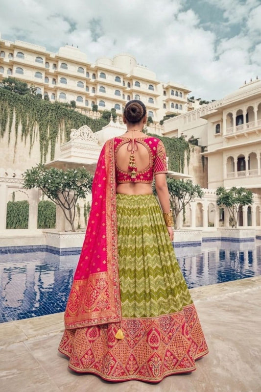 Olive Green Rani Pink Kalamkari Banarasi Lehenga Choli
