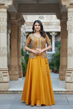 Mustard Yellow Art Silk Skirt Set With Embroidered Jacket