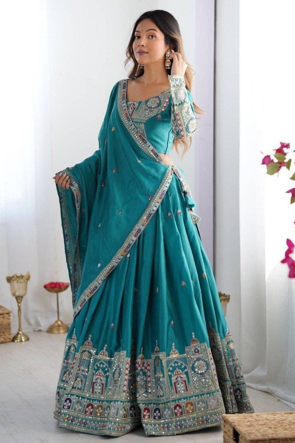 Teal Blue Silk Blend Embroidered Semi-Stitched Lehenga Choli with Dupatta