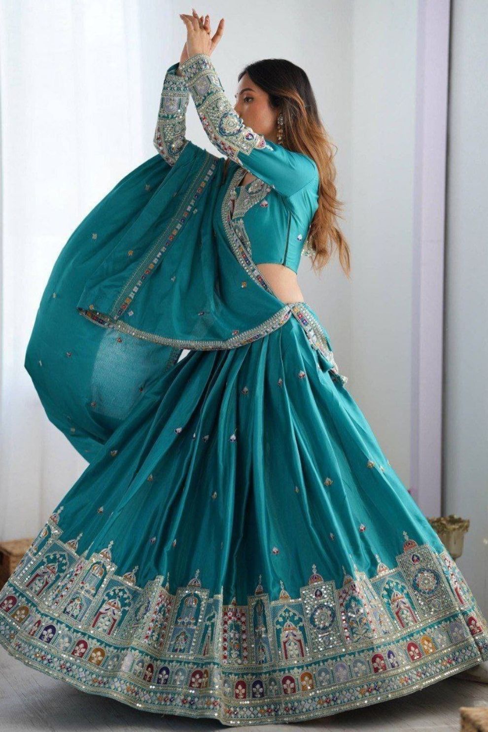 Teal Blue Silk Blend Embroidered Semi-Stitched Lehenga Choli with Dupatta