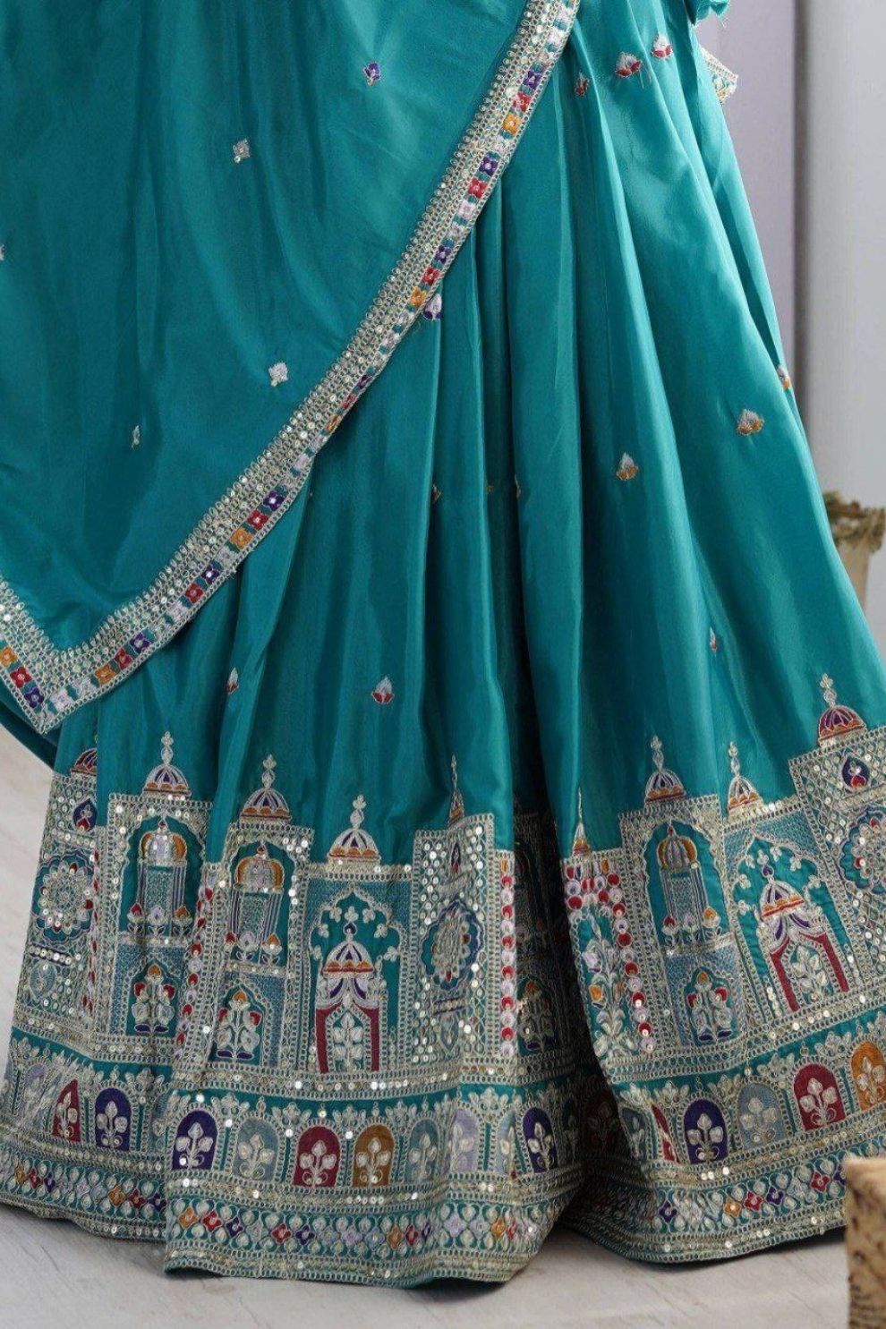 Teal Blue Silk Blend Embroidered Semi-Stitched Lehenga Choli with Dupatta
