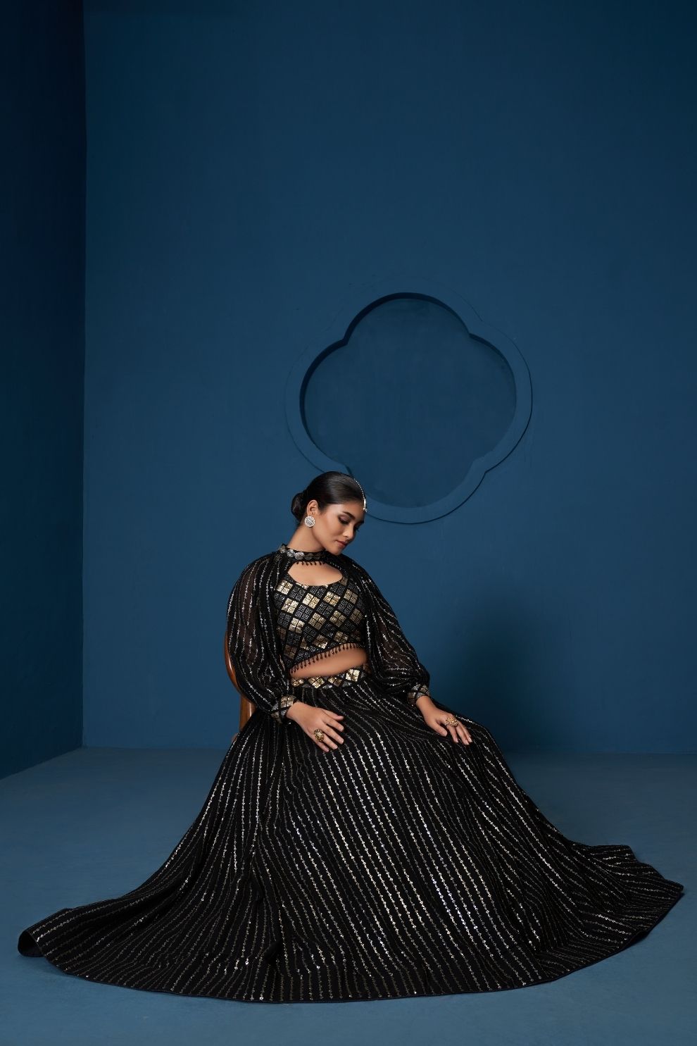 Designer Black Thread & Sequin Work Lehenga Choli with Embroidered Cape Jacket