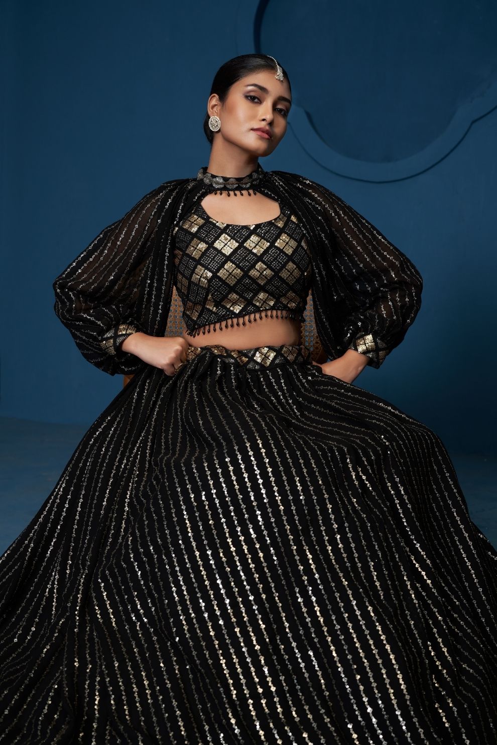 Designer Black Thread & Sequin Work Lehenga Choli with Embroidered Cape Jacket