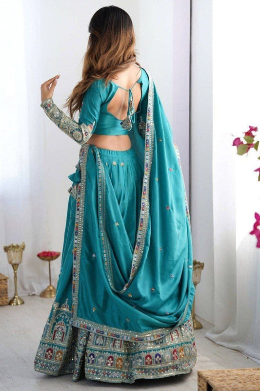 Teal Blue Silk Blend Embroidered Semi-Stitched Lehenga Choli with Dupatta