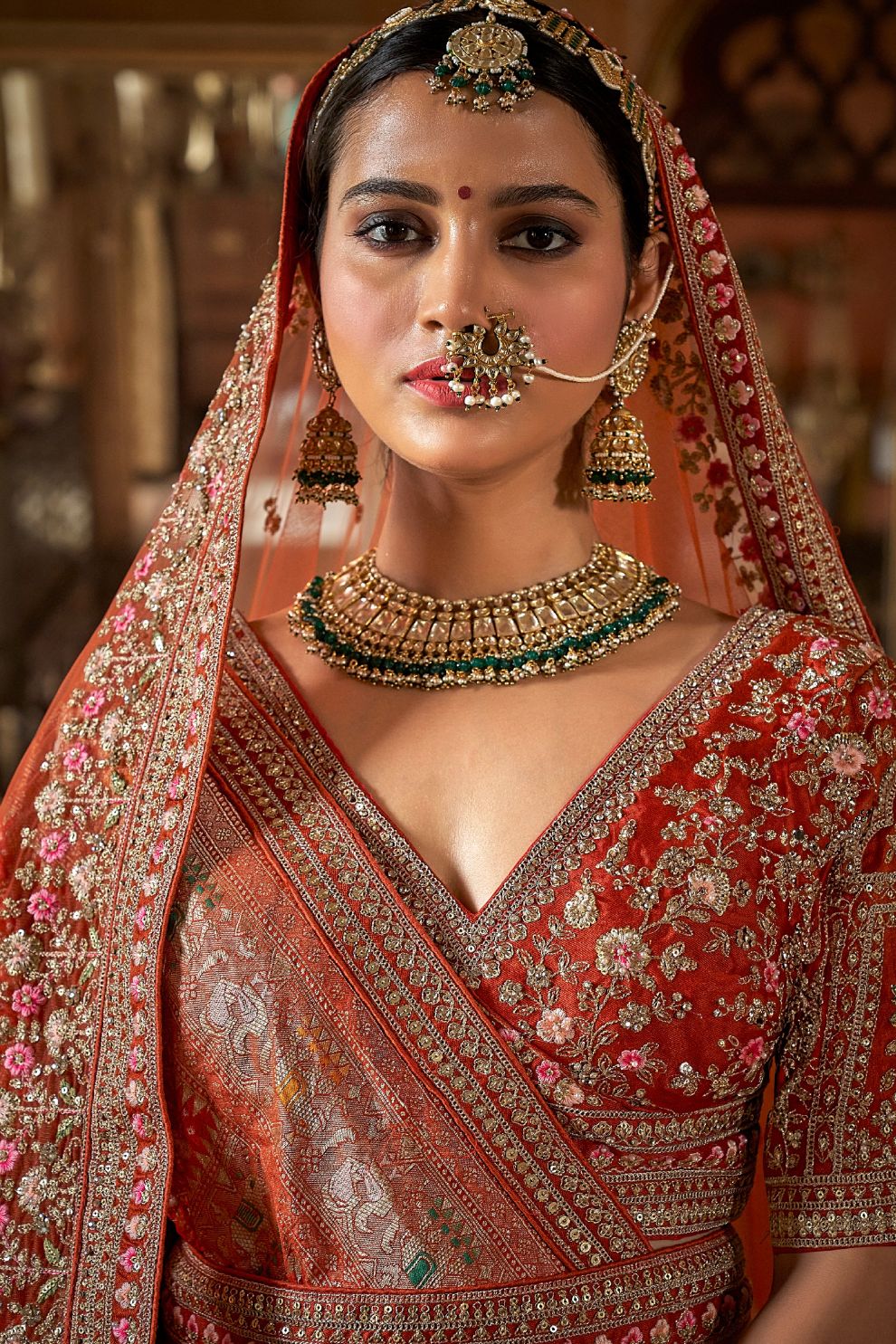 Rust Orange Silk Bridal Lehenga Angrakha Blouse Zari Embroidery Elegant