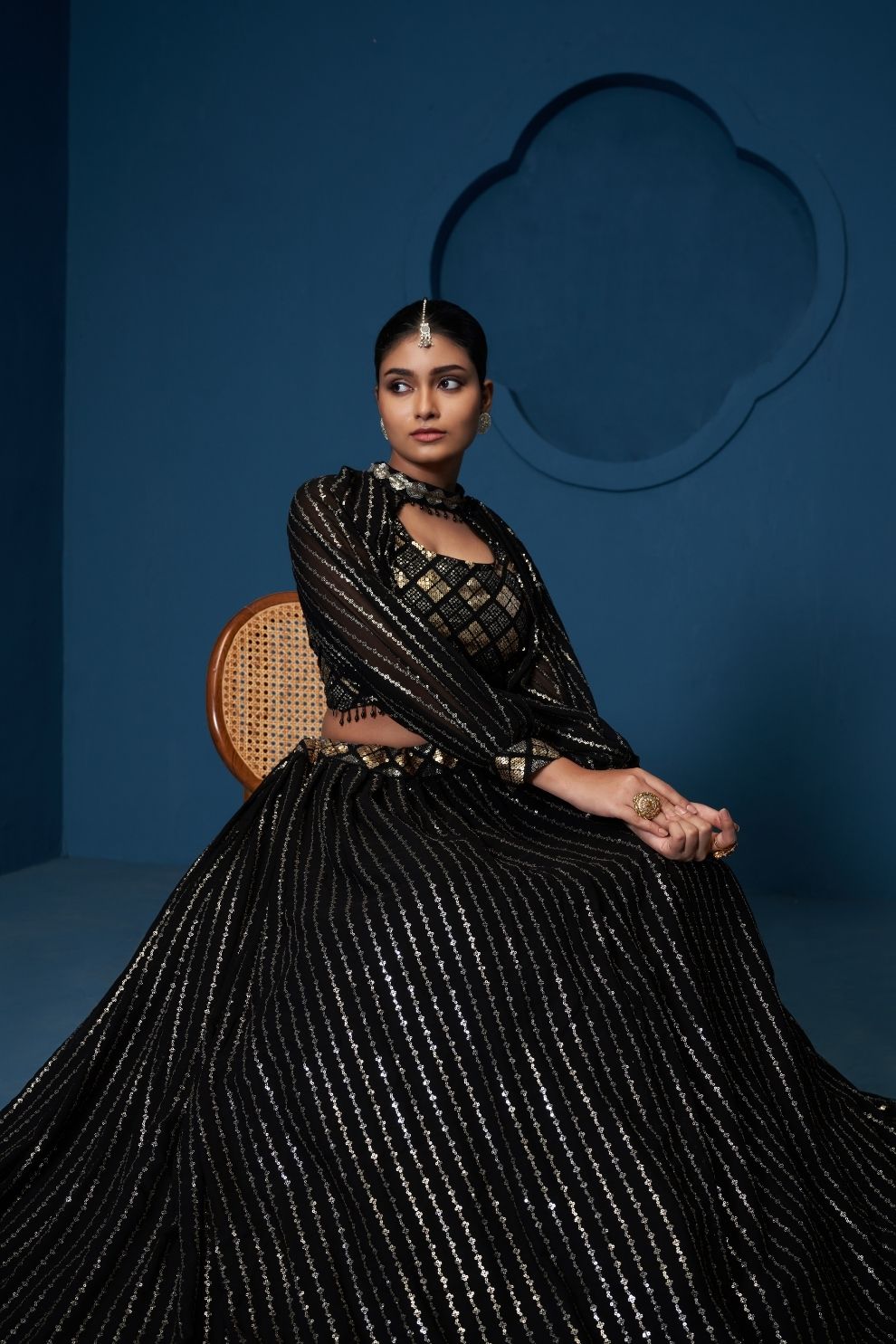 Designer Black Thread & Sequin Work Lehenga Choli with Embroidered Cape Jacket