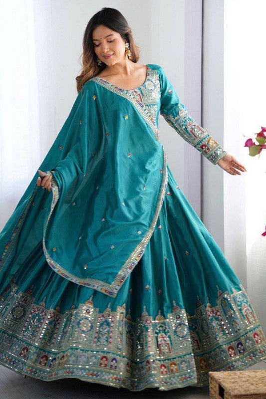 Teal Blue Silk Blend Embroidered Semi-Stitched Lehenga Choli with Dupatta