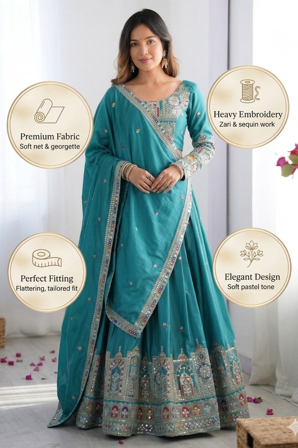 Teal Blue Silk Blend Embroidered Semi-Stitched Lehenga Choli with Dupatta