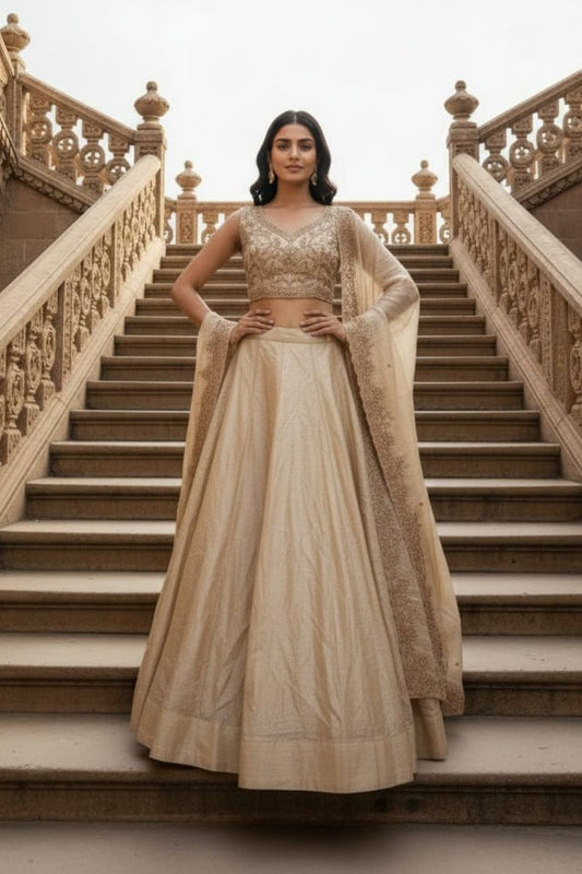 Champagne Gold Crush Silk Zari and Sequins Embroidered Lehenga Choli Set