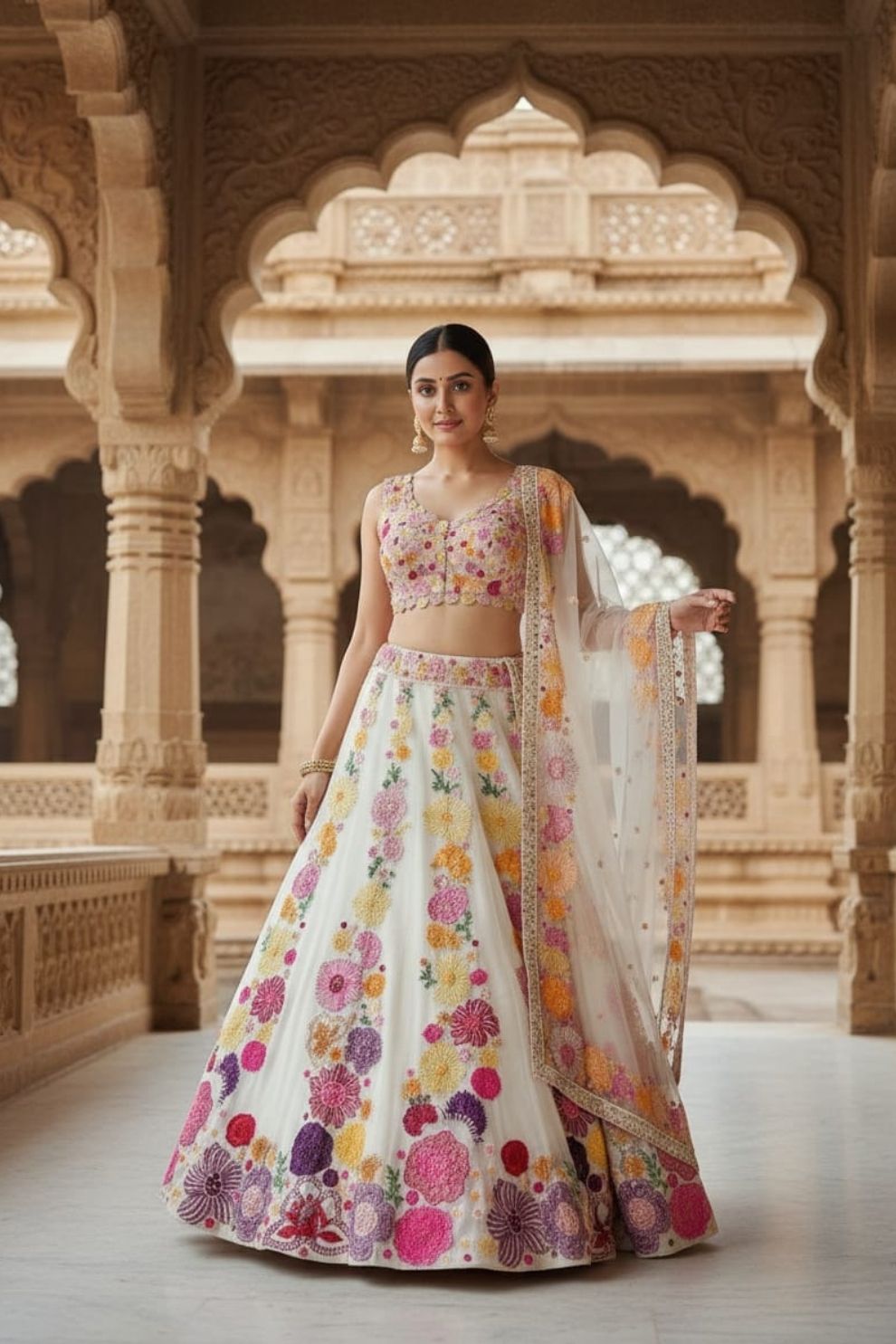 Chinon Multi-Thread & Sequin Embroidered Semi-Stitched Lehenga Choli