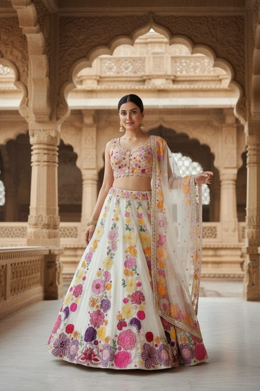 Chinon Multi-Thread & Sequin Embroidered Semi-Stitched Lehenga Choli