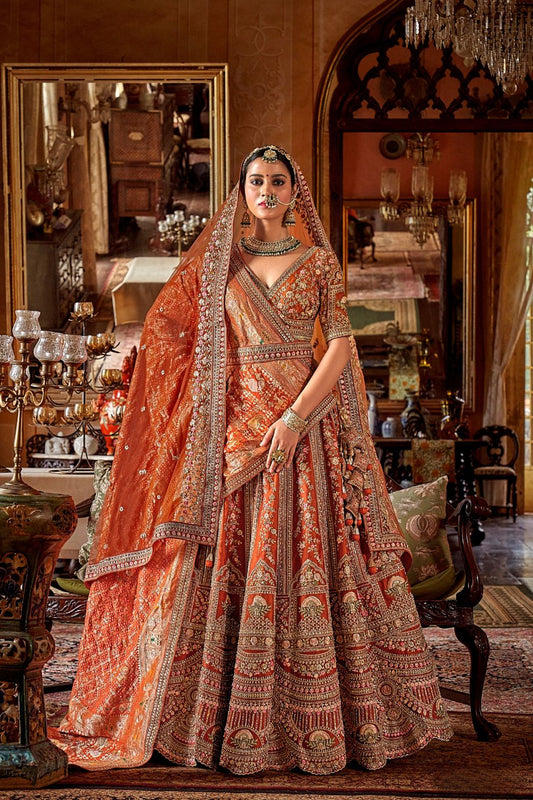 Rust Orange Silk Bridal Lehenga Angrakha Blouse Zari Embroidery Elegant