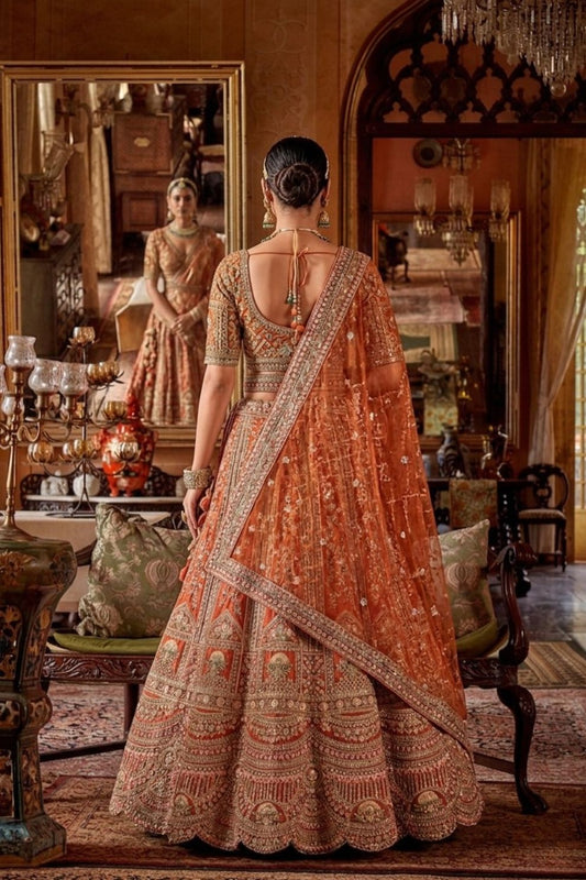 Rust Orange Silk Bridal Lehenga Angrakha Blouse Zari Embroidery Elegant
