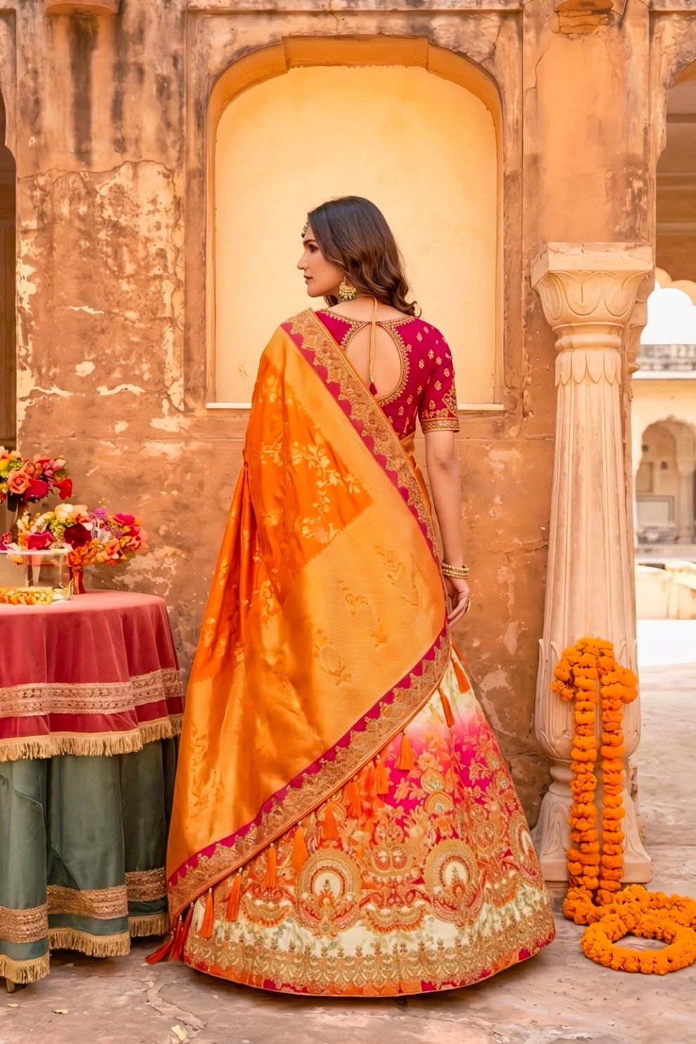 Daisy White & Orange Banarasi Silk Lehenga Choli with Khatli Work Embroidery