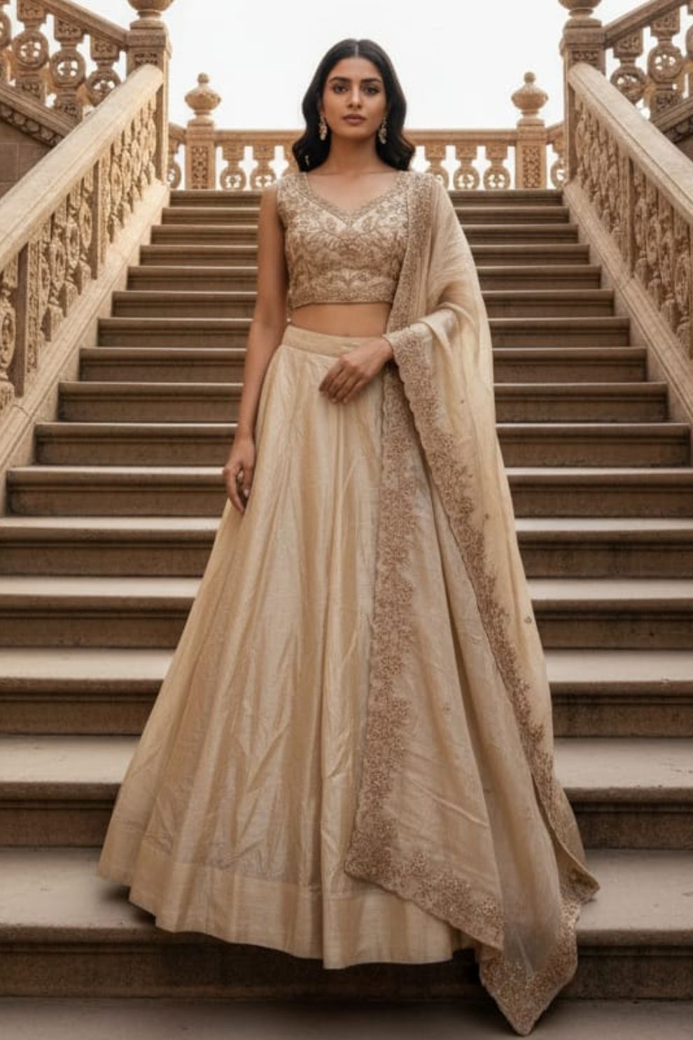 Champagne Gold Crush Silk Zari and Sequins Embroidered Lehenga Choli Set