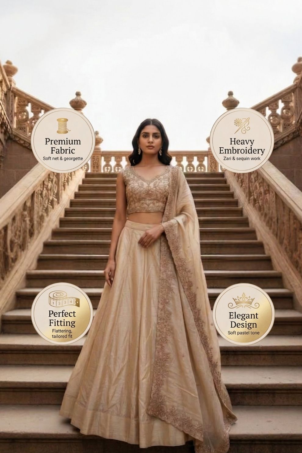 Champagne Gold Crush Silk Zari and Sequins Embroidered Lehenga Choli Set