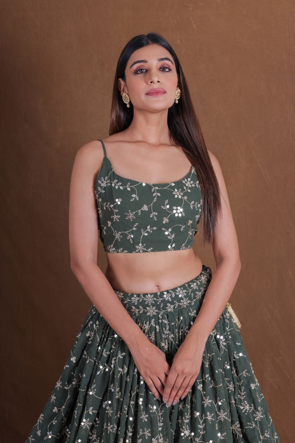 Semi-Stitched Dark Green Georgette Wedding Lehenga with Zari Embroidery