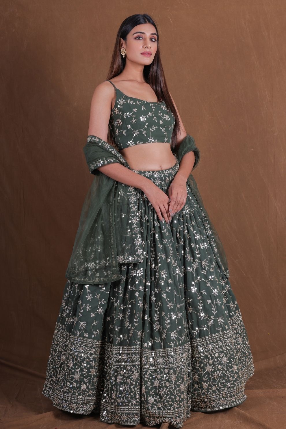 Semi-Stitched Dark Green Georgette Wedding Lehenga with Zari Embroidery