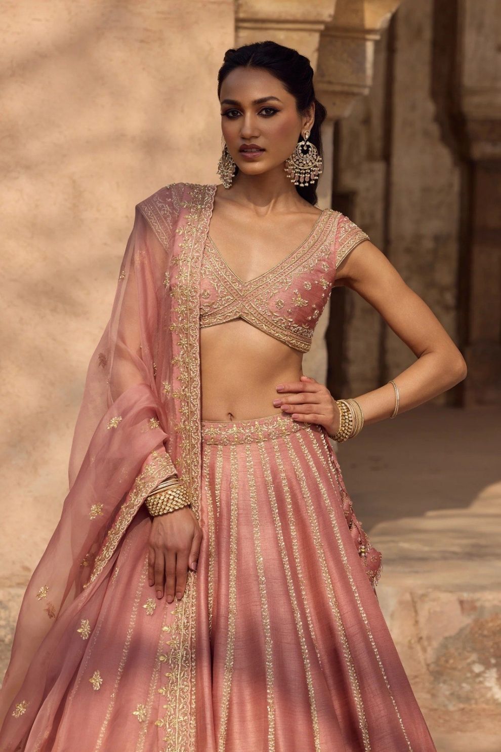 Ethereal Blush Pink Embroidered Lehenga with Heavy Thread Cutwork Border