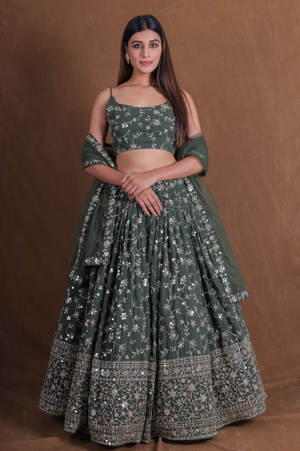 Semi-Stitched Dark Green Georgette Wedding Lehenga with Zari Embroidery