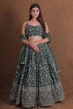 Semi-Stitched Dark Green Georgette Wedding Lehenga with Zari Embroidery