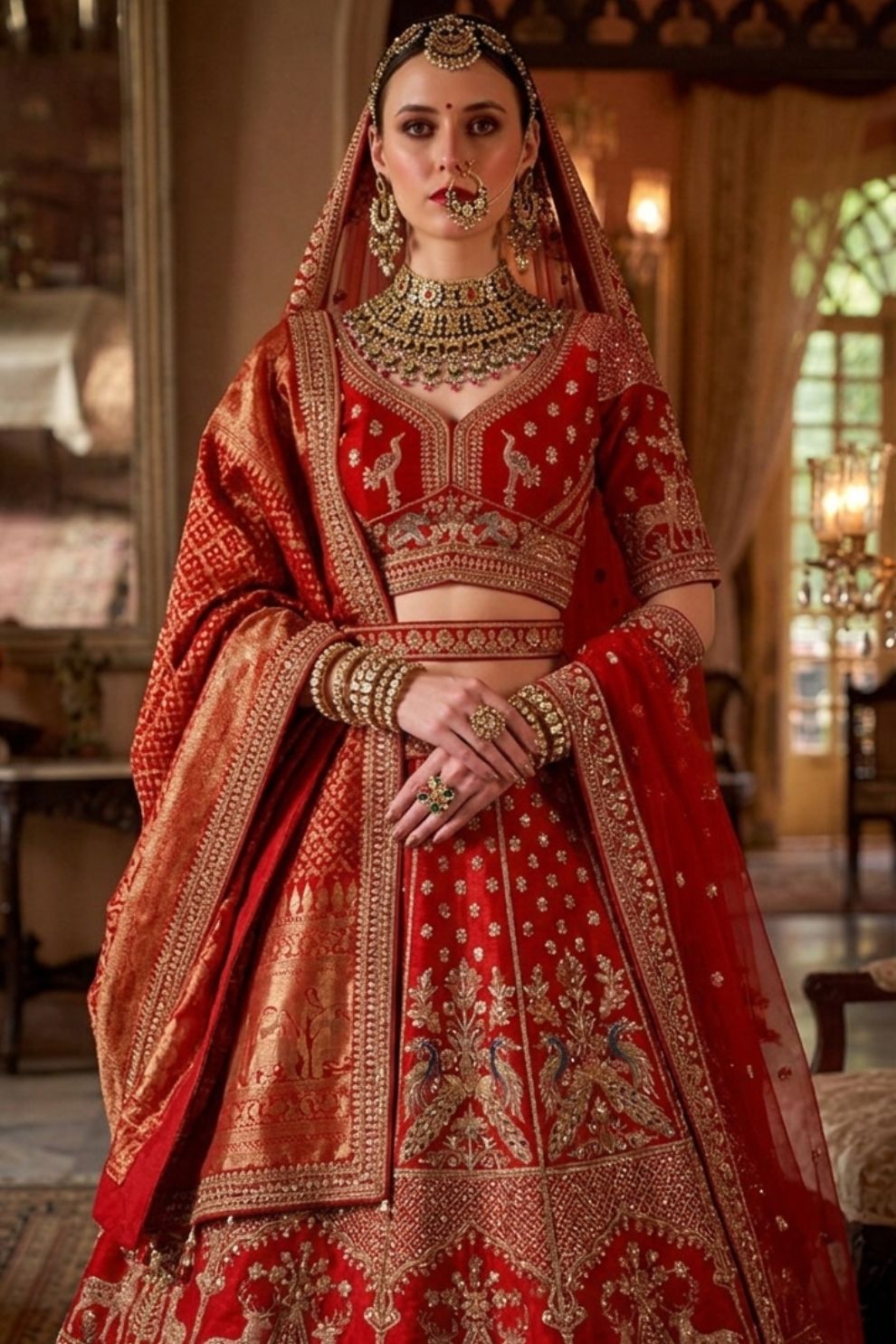 Heritage Scarlet Red Silk Bridal Lehenga with Scalloped Border & Kamarband