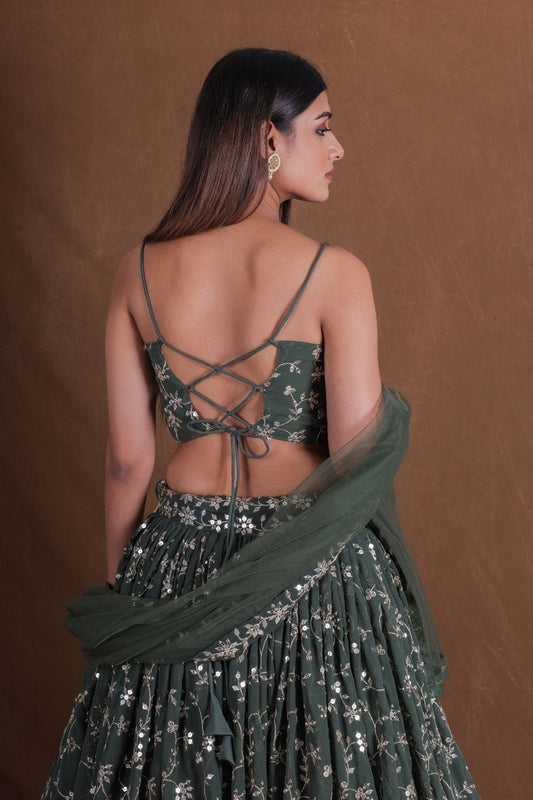 Semi-Stitched Dark Green Georgette Wedding Lehenga with Zari Embroidery