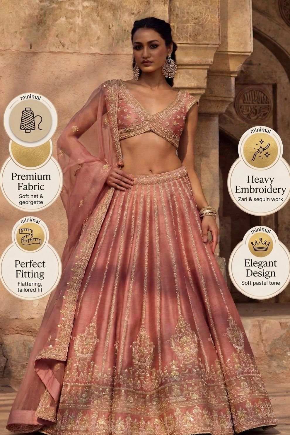 Ethereal Blush Pink Embroidered Lehenga with Heavy Thread Cutwork Border