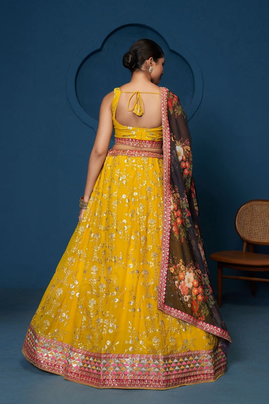 Majestic Yellow Zari-Work Organza  Lehenga featuring Intricate Floral Thread Embroidery