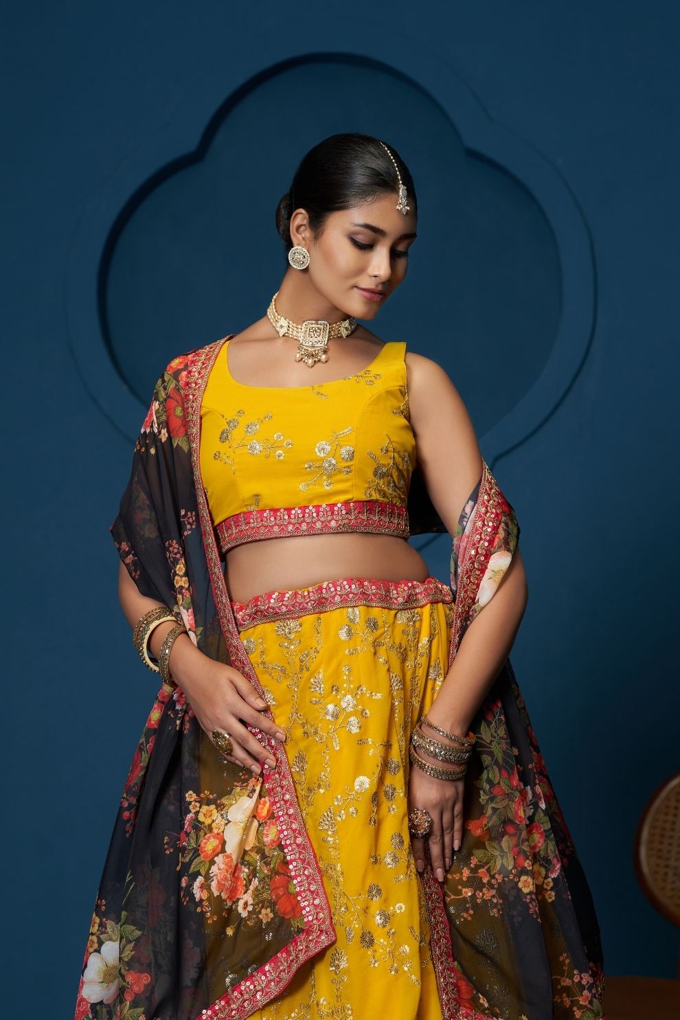 Majestic Yellow Zari-Work Organza  Lehenga featuring Intricate Floral Thread Embroidery