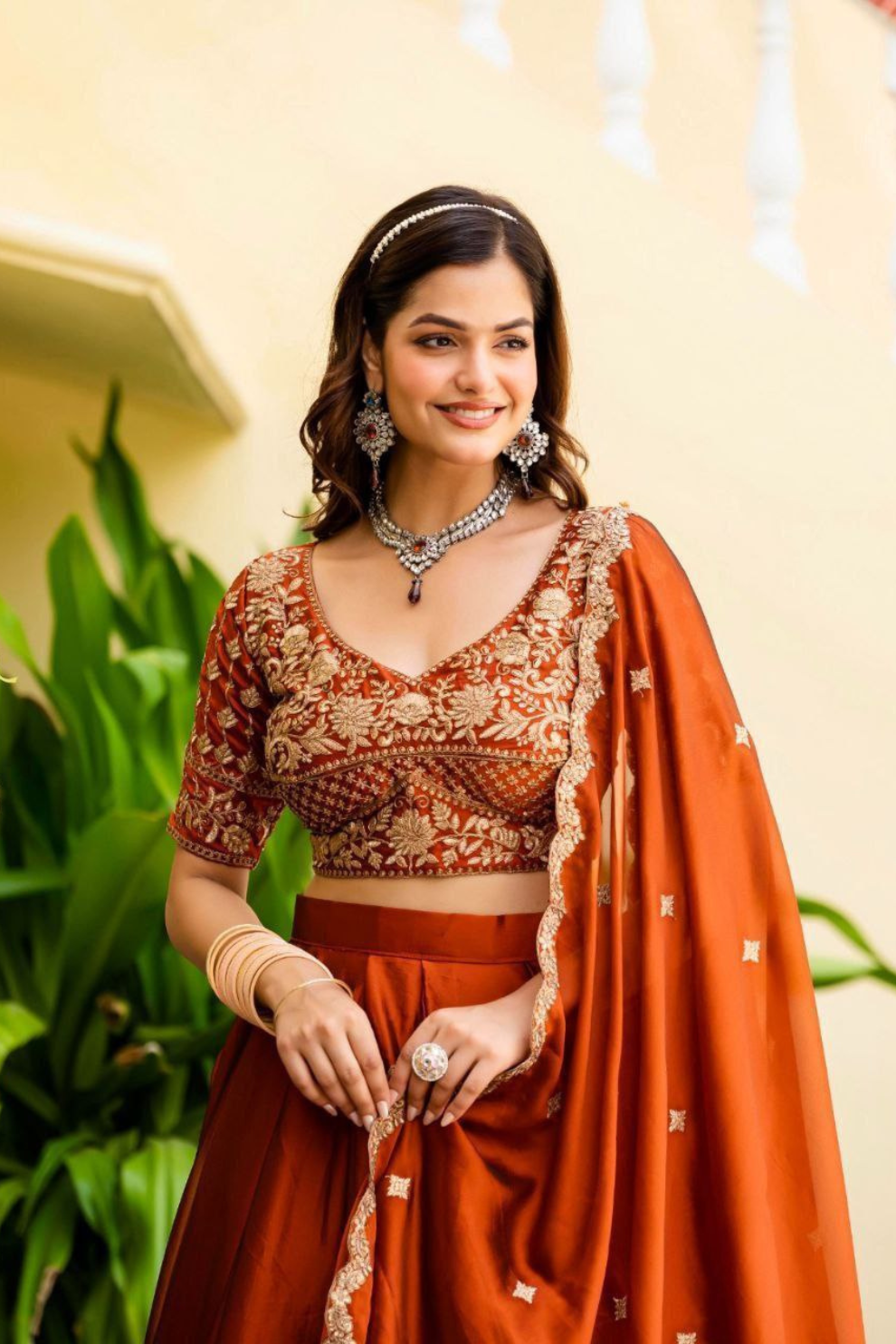Semi-Stitched Rust Orange Embroidered Lehenga with Heavy Sequin embroidery