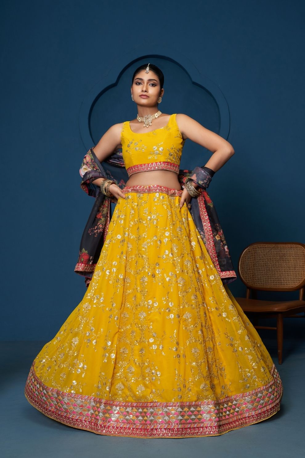 Majestic Yellow Zari-Work Organza  Lehenga featuring Intricate Floral Thread Embroidery