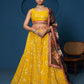 Majestic Yellow Zari-Work Organza  Lehenga featuring Intricate Floral Thread Embroidery