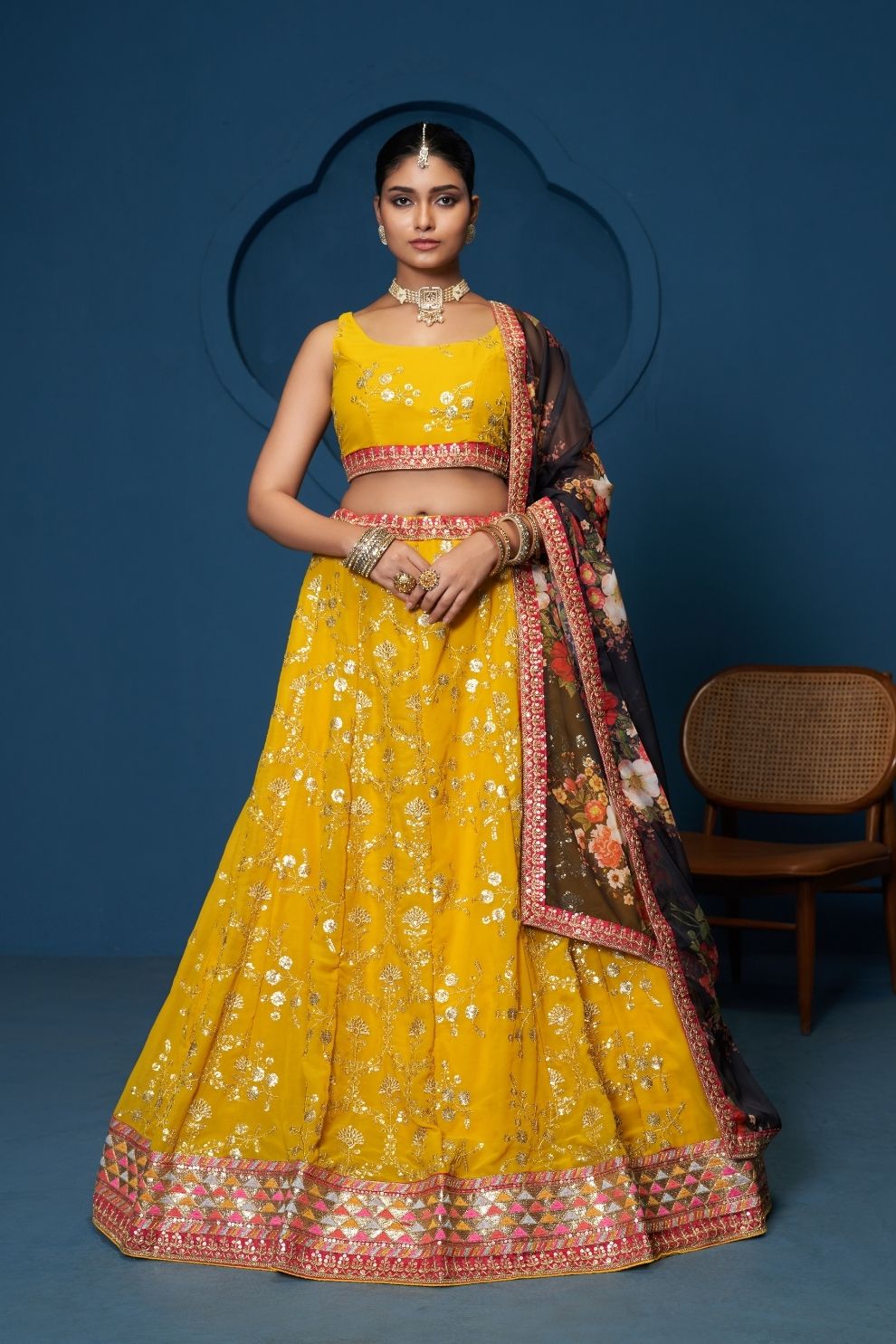 Majestic Yellow Zari-Work Organza  Lehenga featuring Intricate Floral Thread Embroidery