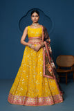 Majestic Yellow Zari-Work Organza  Lehenga featuring Intricate Floral Thread Embroidery