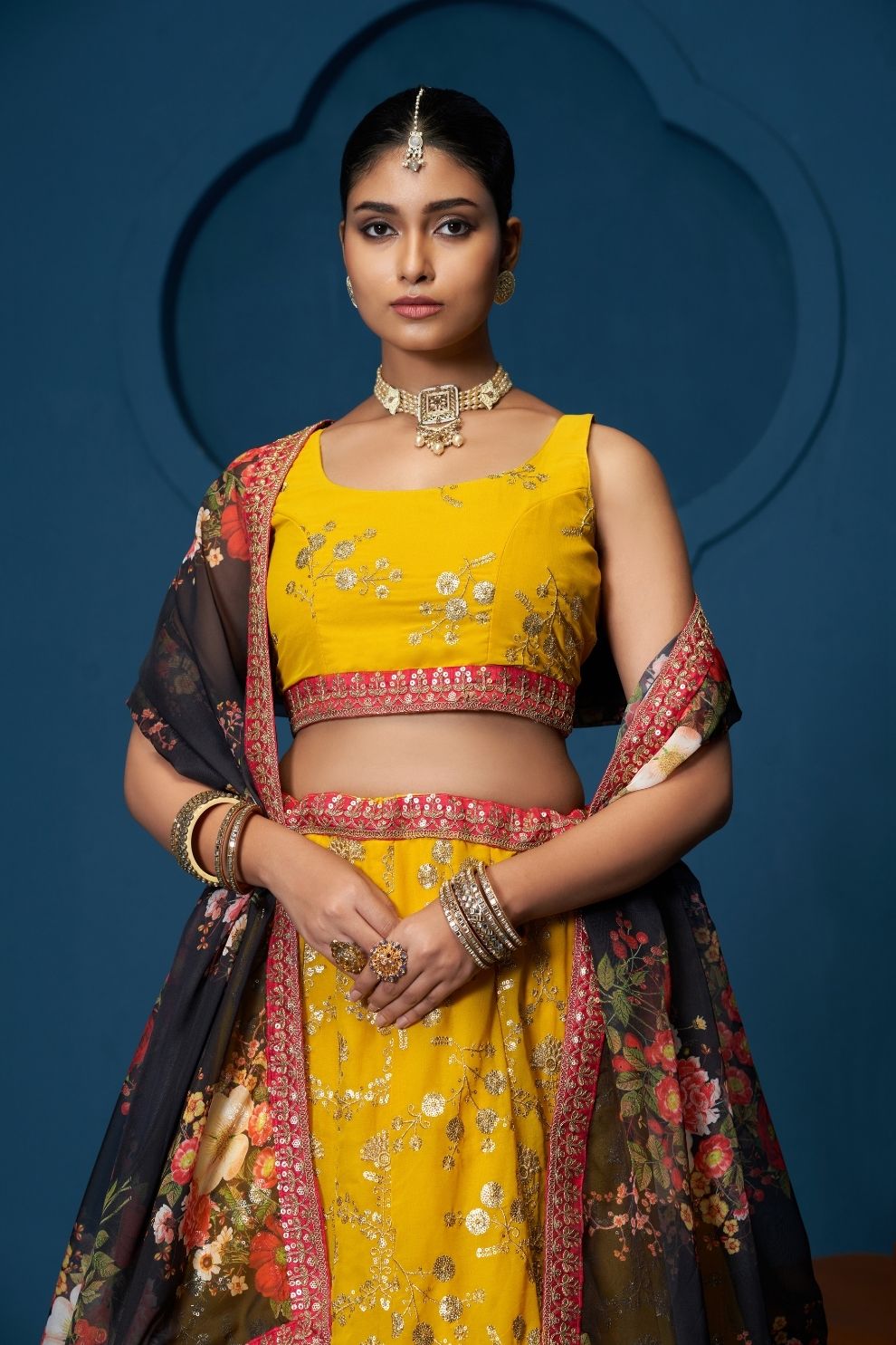 Majestic Yellow Zari-Work Organza  Lehenga featuring Intricate Floral Thread Embroidery
