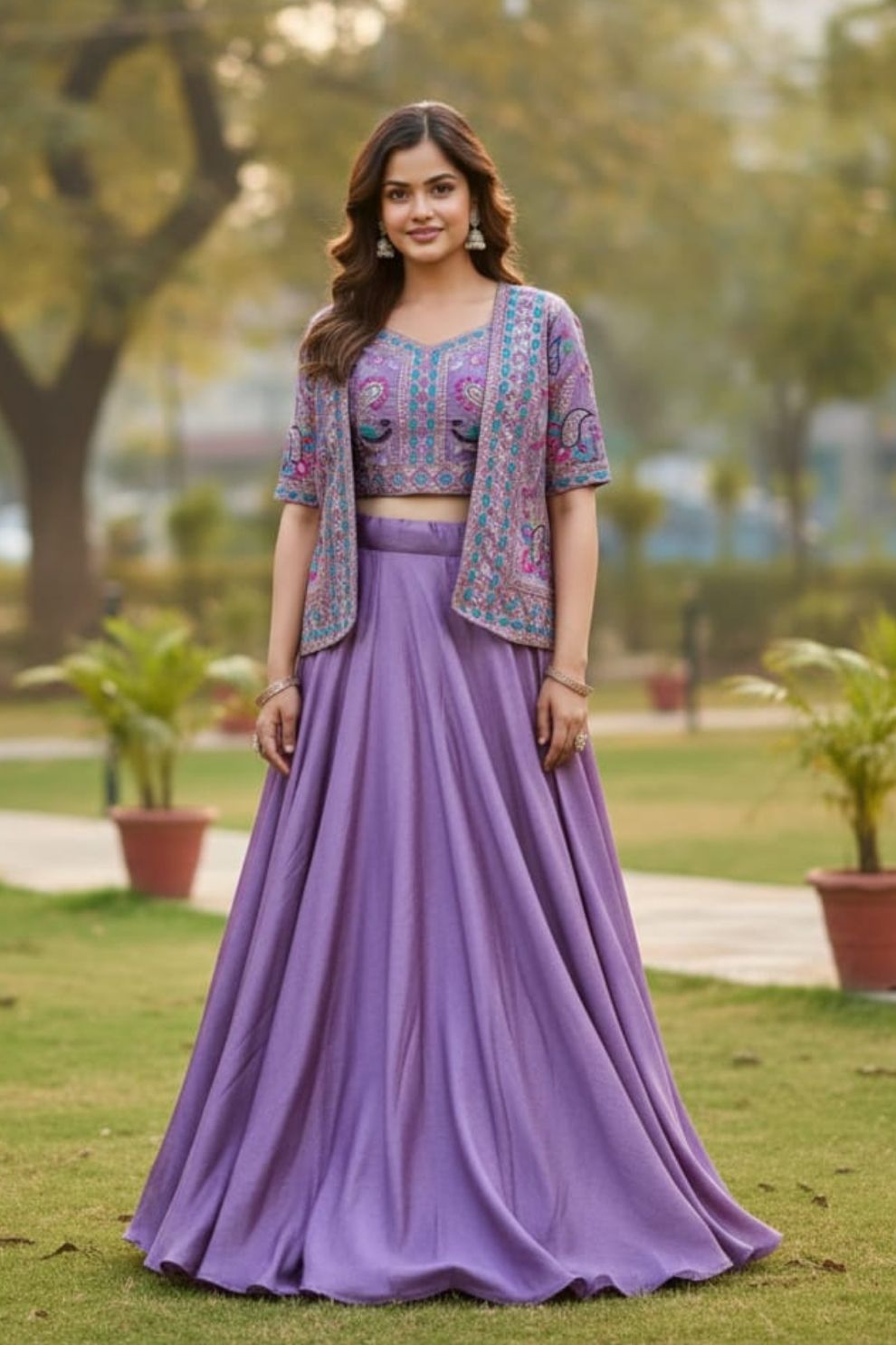 Lavender Pure Vichitra Silk Lehenga Choli with Heavy Embroidered Koti Jacket
