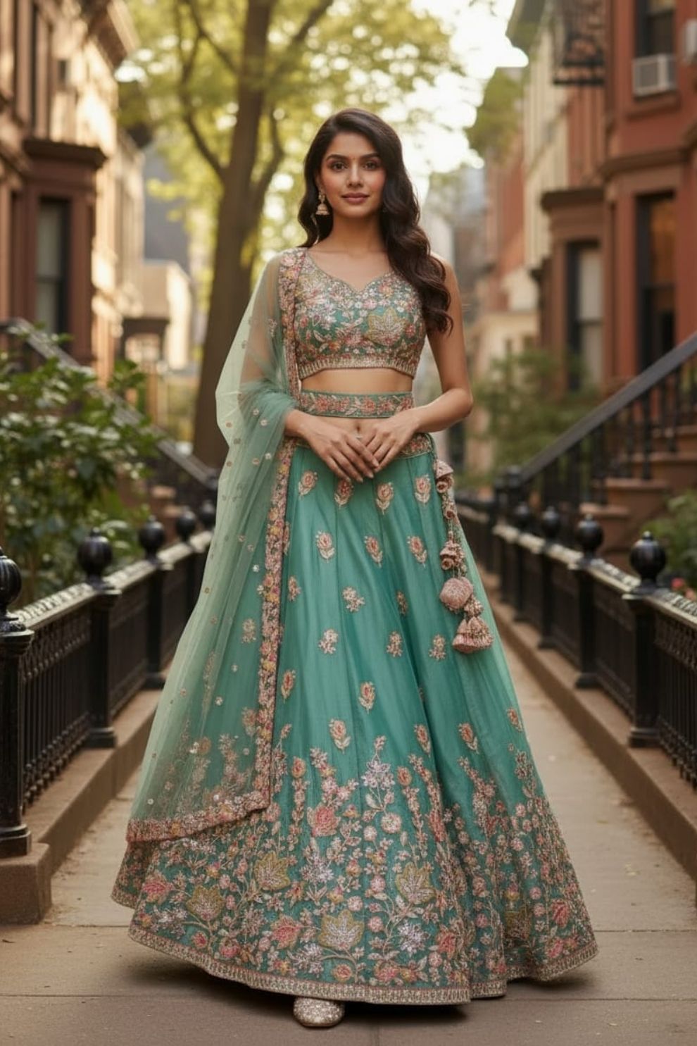 Women's Sea Green Bridal Net Lehenga Set Floral Embroidery with Sequins and Thread Work