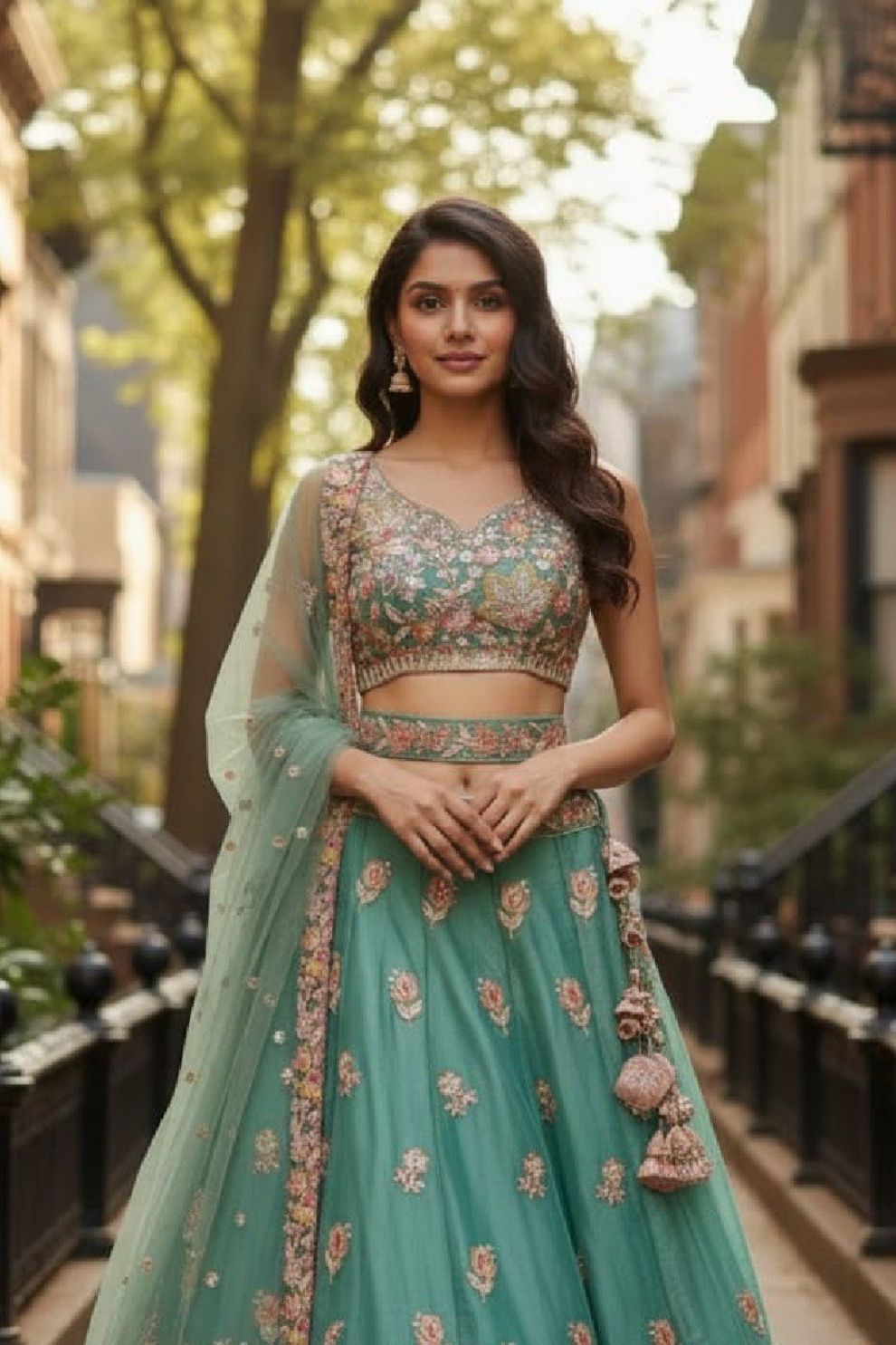 Women's Sea Green Bridal Net Lehenga Set Floral Embroidery with Sequins and Thread Work