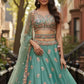 Women's Sea Green Bridal Net Lehenga Set Floral Embroidery with Sequins and Thread Work