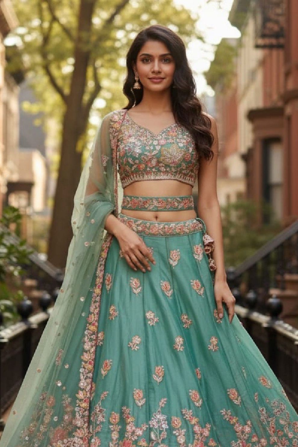 Women's Sea Green Bridal Net Lehenga Set Floral Embroidery with Sequins and Thread Work