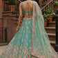Women's Sea Green Bridal Net Lehenga Set Floral Embroidery with Sequins and Thread Work