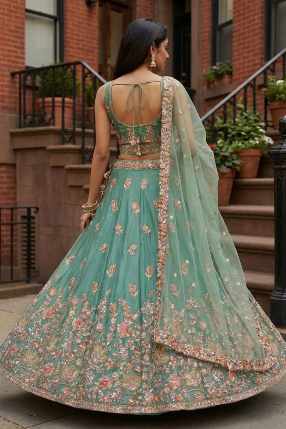 Women's Sea Green Bridal Net Lehenga Set Floral Embroidery with Sequins and Thread Work