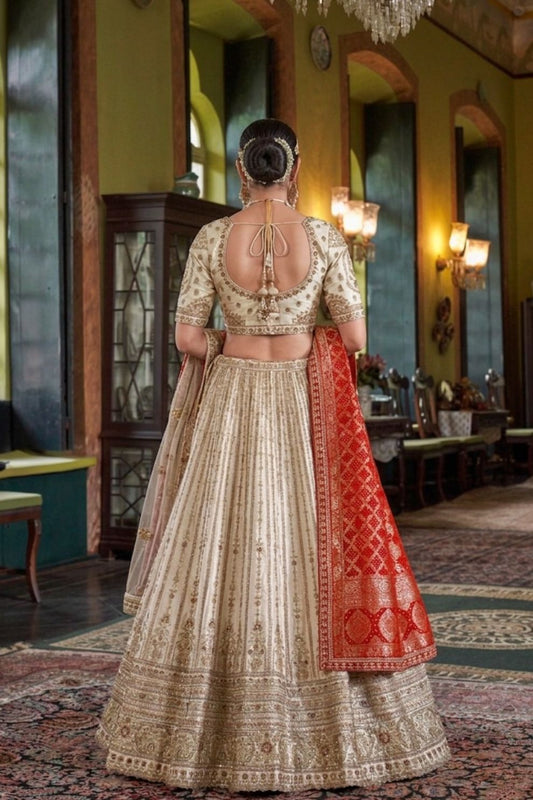 Ivory Silk Lehenga Set with Double Dupatta Intricate Embroidery Elegant